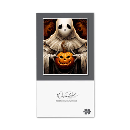 Spooky White Ghost Holding Pumpkin Jigsaw Puzzle