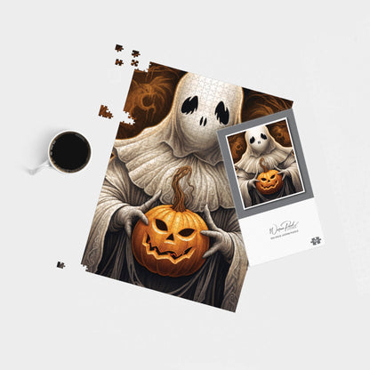 Spooky White Ghost Holding Pumpkin Jigsaw Puzzle