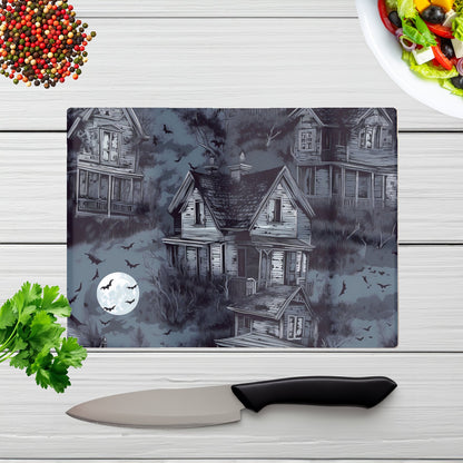 Spooky Shadowy Haunted House Glass Chopping Board