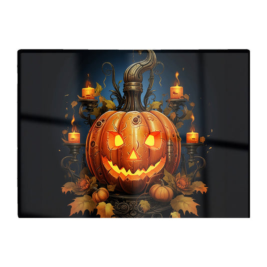 Spooy Pumpkin And Small Candles Glass Chopping Board