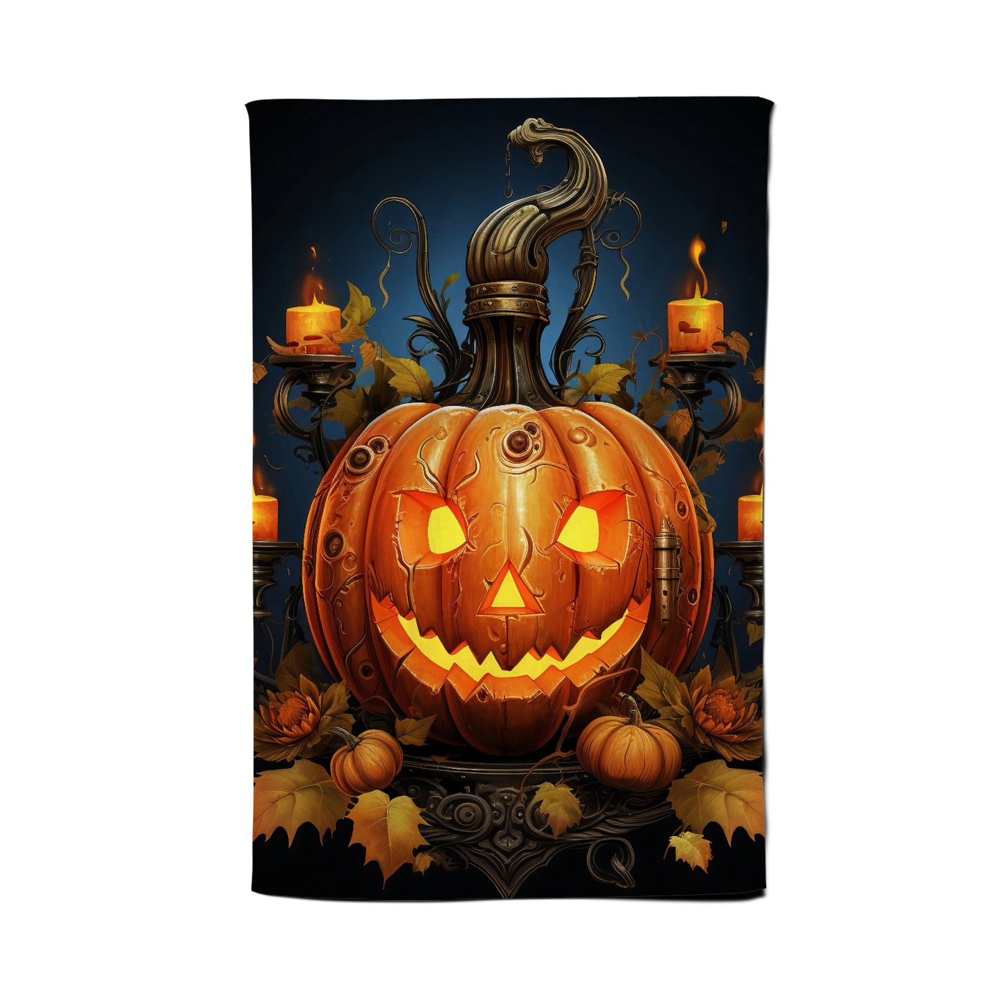 Spooy Pumpkin With Leaves And Small Candles Tea Towel
