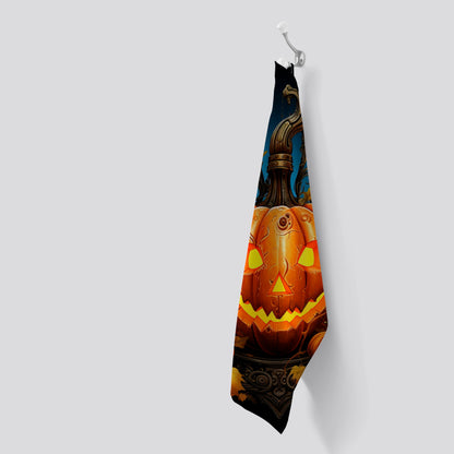 Spooy Pumpkin With Leaves And Small Candles Tea Towel
