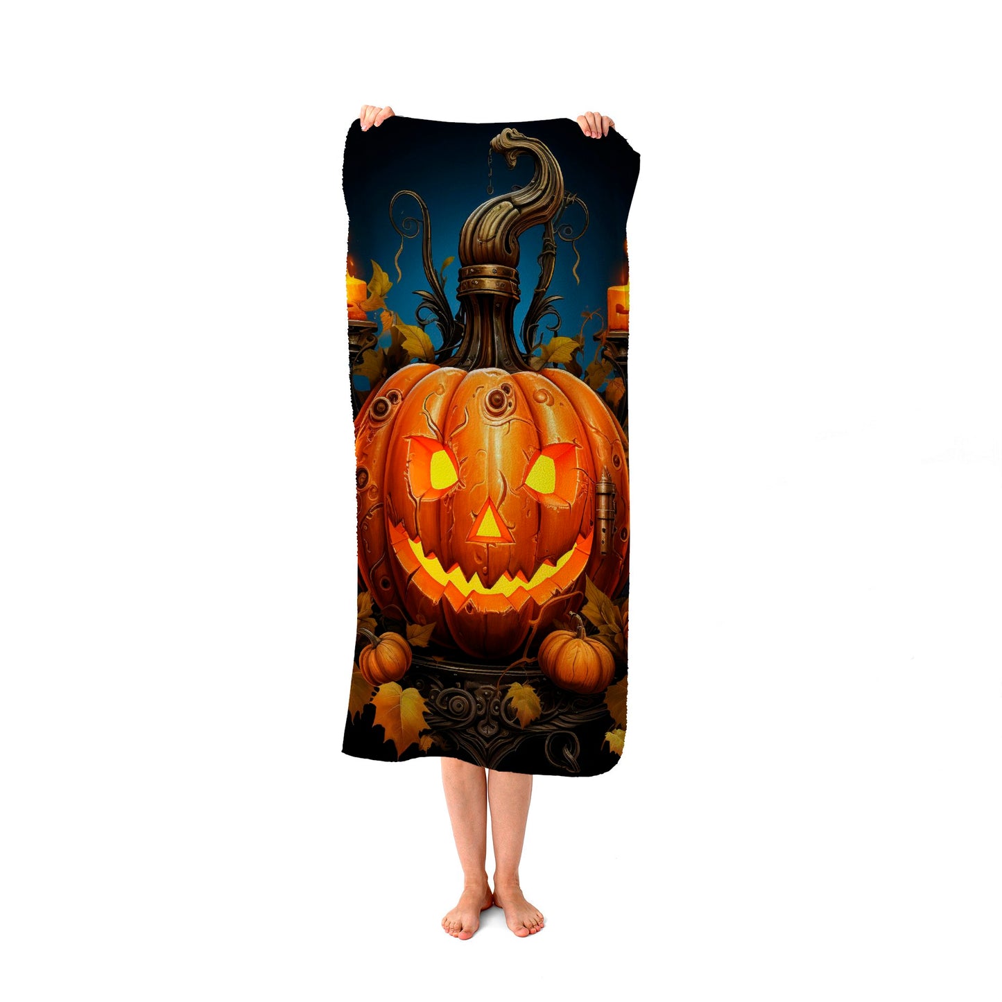 Spooy Pumpkin And Small Candles Beach Towel