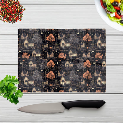 Spooky Haunted Houses Pattern Glass Chopping Board