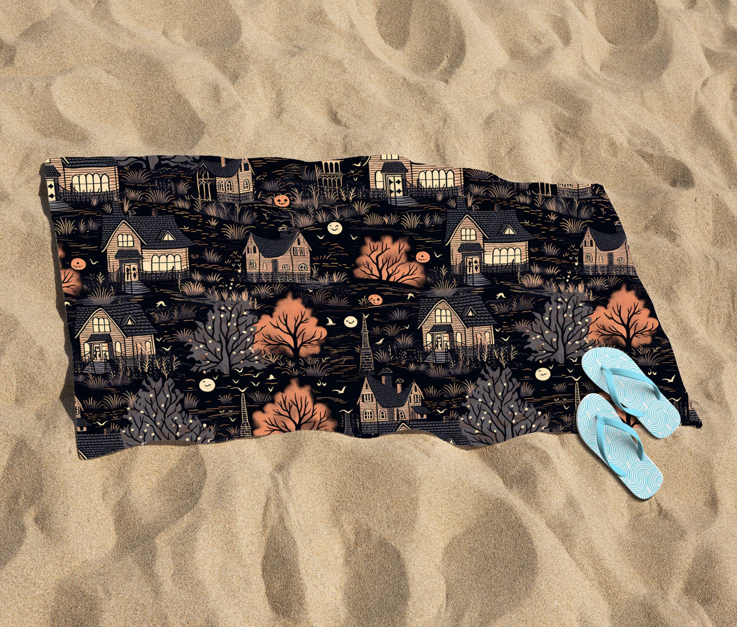 Spooky Haunted Houses Pattern Beach Towel