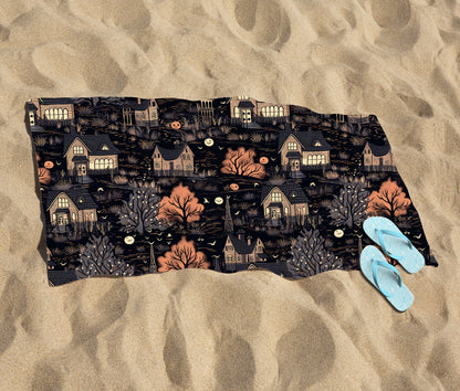 Spooky Haunted Houses Pattern Beach Towel