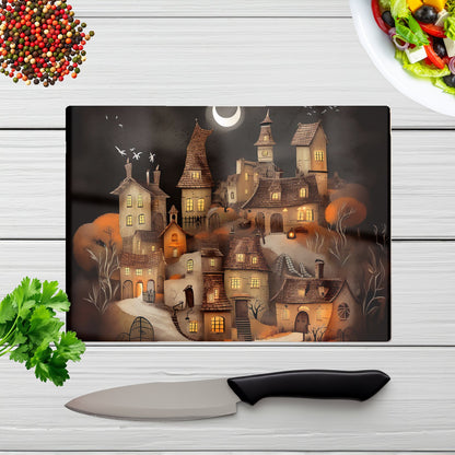 Spooky Halloween Village Glass Chopping Board
