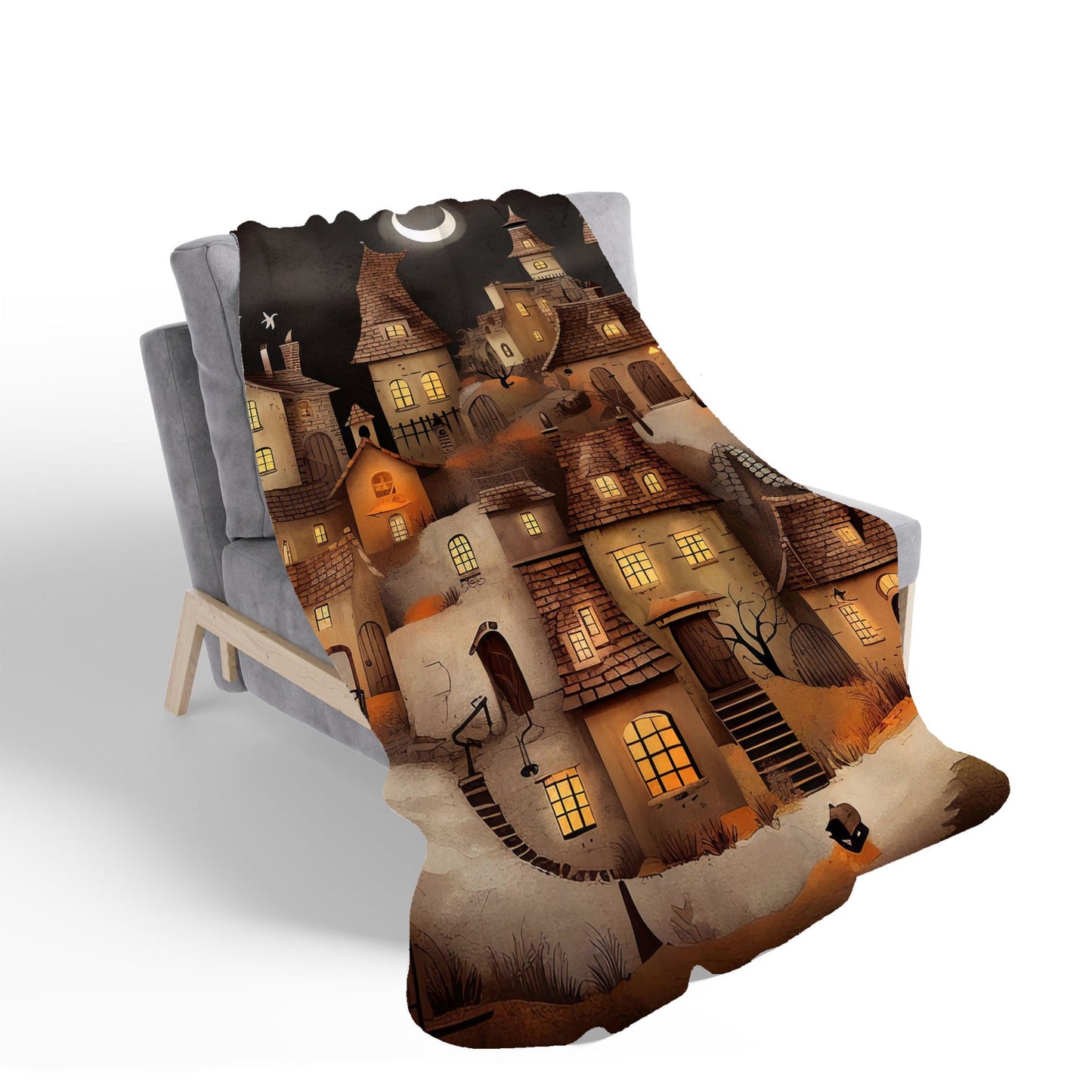 Spooky Halloween Village Sherpa Blanket
