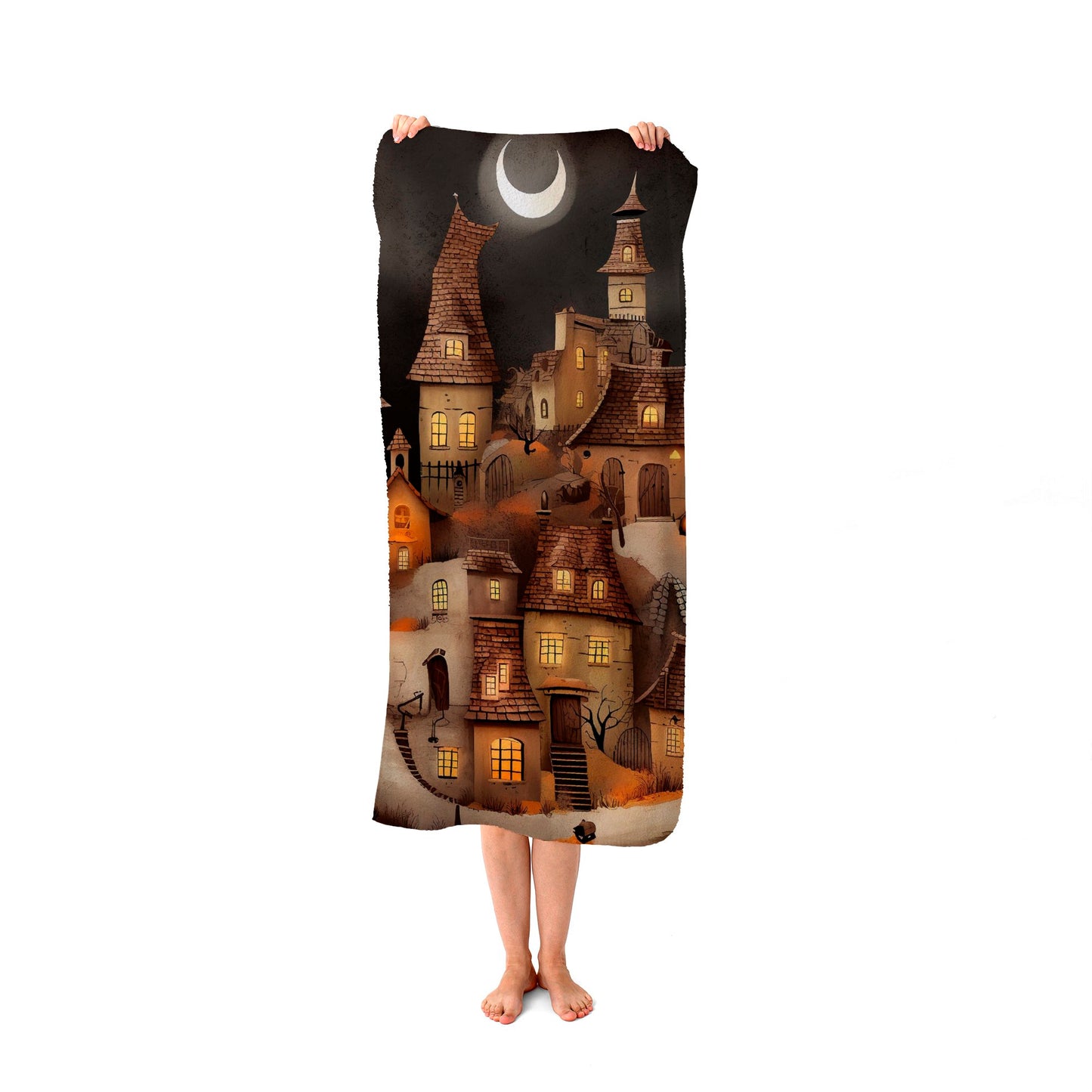 Spooky Halloween Village Beach Towel