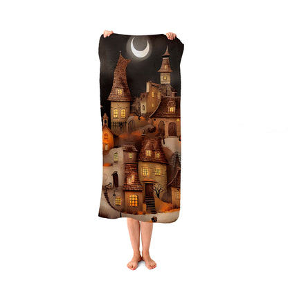 Spooky Halloween Village Beach Towel