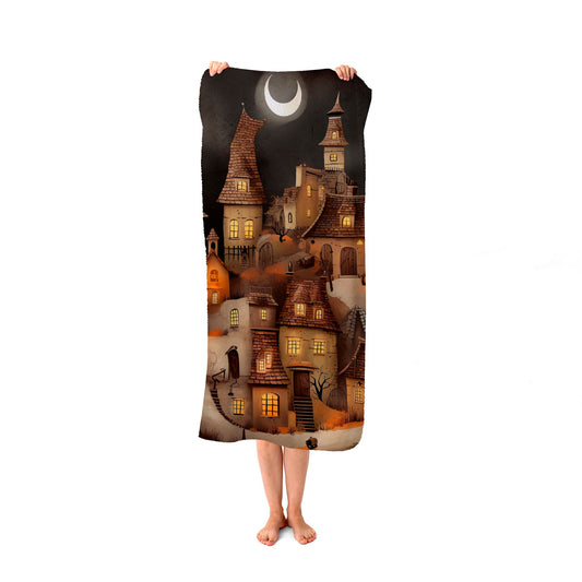 Spooky Halloween Village Beach Towel