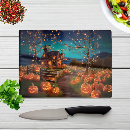 Enchanted Hallowen Pumpkin Patch Glass Chopping Board