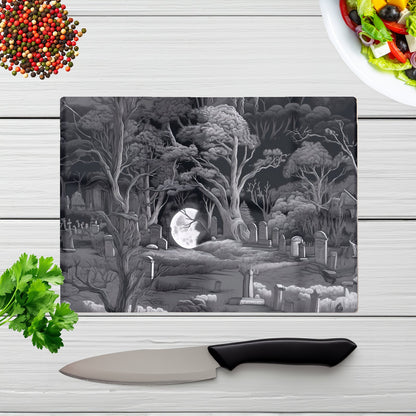 Eerie Moonlit Cemetery Glass Chopping Board