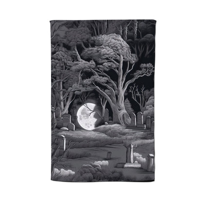 Eerie Moonlit Cemetery Tea Towel
