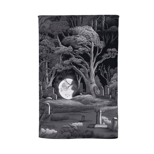 Eerie Moonlit Cemetery Tea Towel