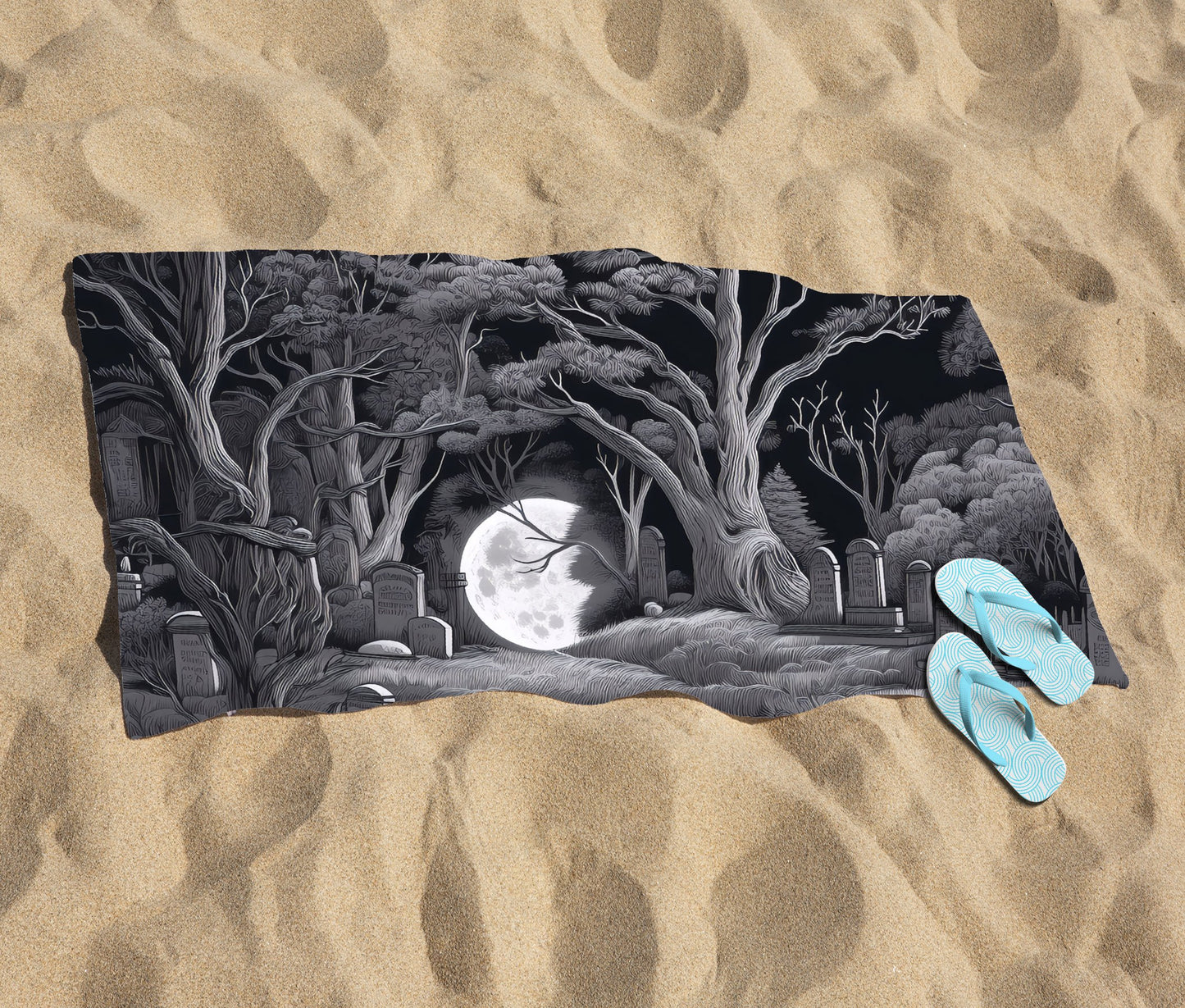 Eerie Moonlit Cemetery Beach Towel