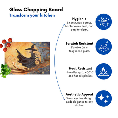 Whimsical Witch On A Broomstick Glass Chopping Board
