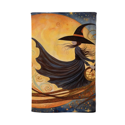 Imaginative Painting Of A Whimsical Witch On A Broomstick Tea Towel