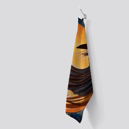 Imaginative Painting Of A Whimsical Witch On A Broomstick Tea Towel