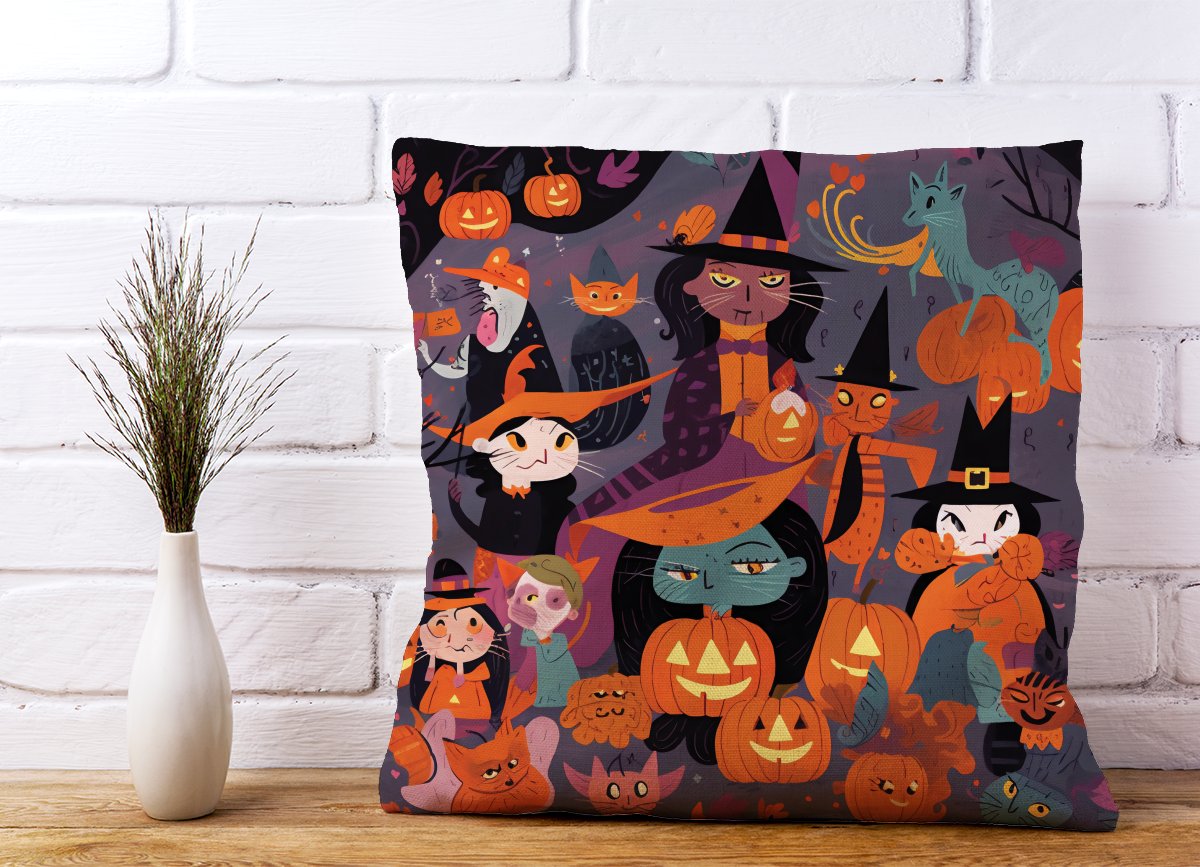 A Vibrant Illustration Of Witches And Pumpkin Cushions