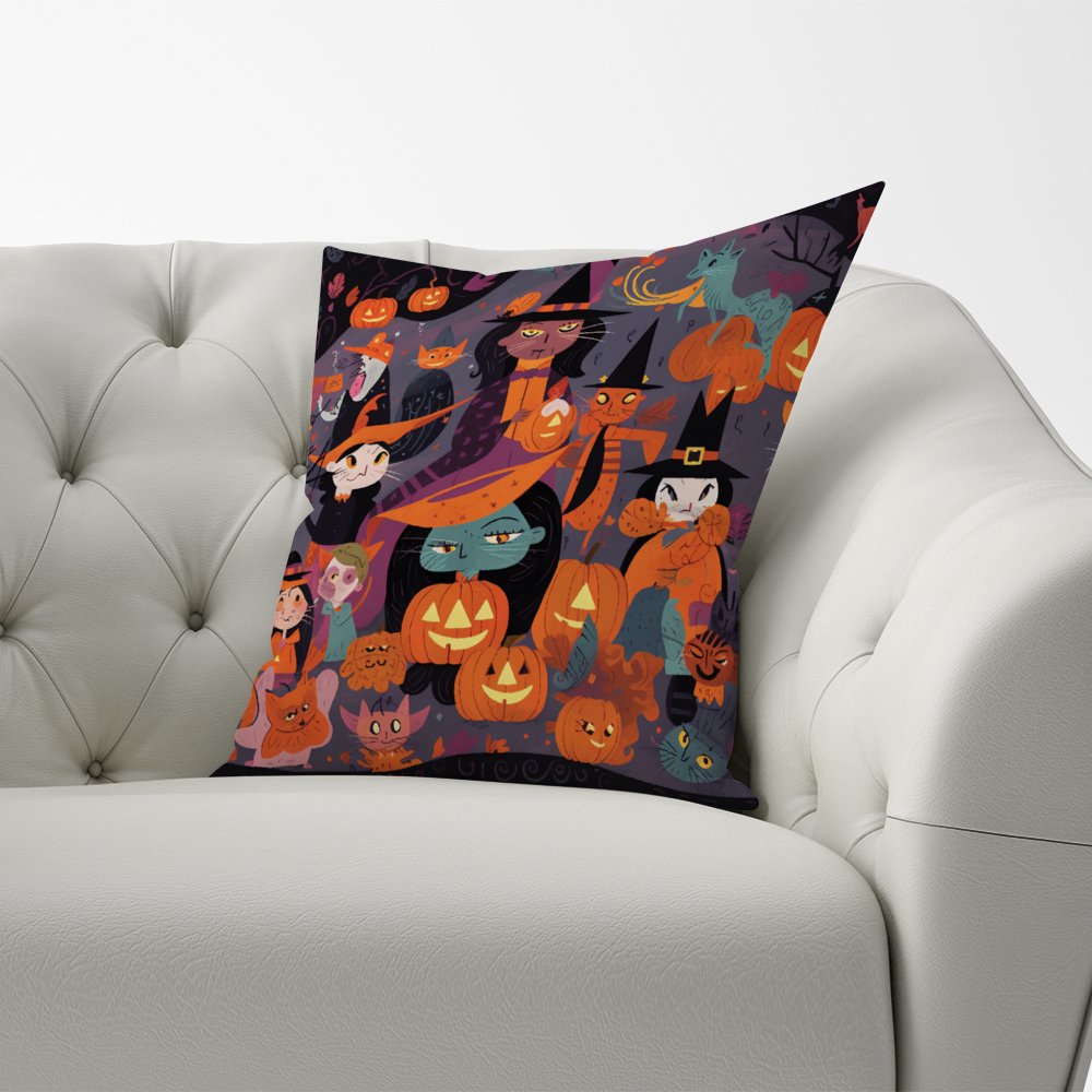 A Vibrant Illustration Of Witches And Pumpkin Cushions
