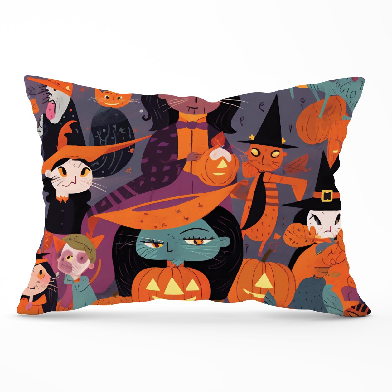 A Vibrant Illustration Of Witches And Pumpkin Cushions