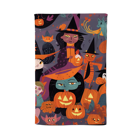 A Vibrant And Colorful Illustration Of Witches And Pumpkin Tea Towel