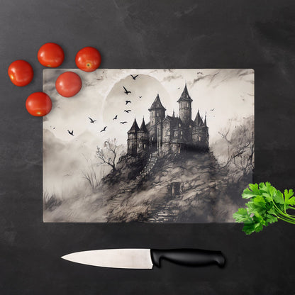 A Realistic Drawing Of A Haunted Castle Glass Chopping Board