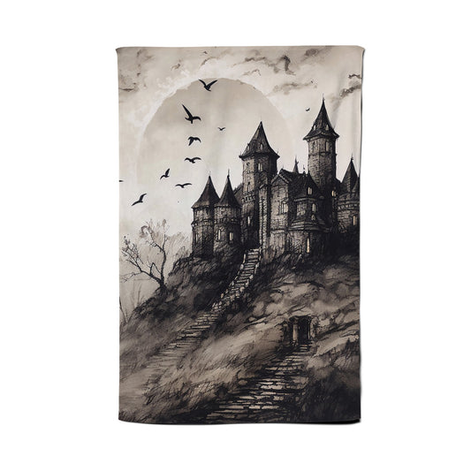 A Realistic Ink Drawing Of A Haunted Castle Tea Towel