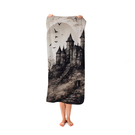A Realistic Drawing Of A Haunted Castle Beach Towel