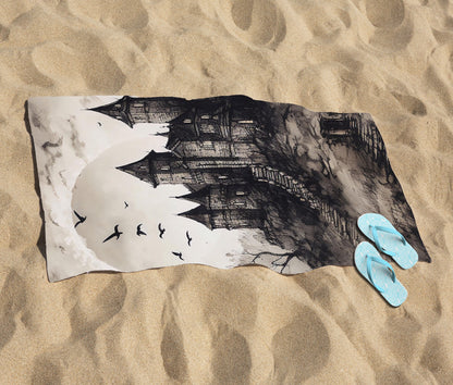 A Realistic Drawing Of A Haunted Castle Beach Towel