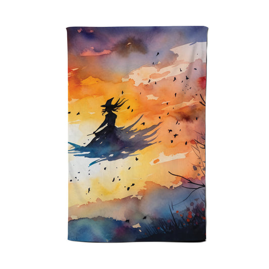 A Mesmerizing Watercolor Artwork Featuring A Graceful Witch Tea Towel