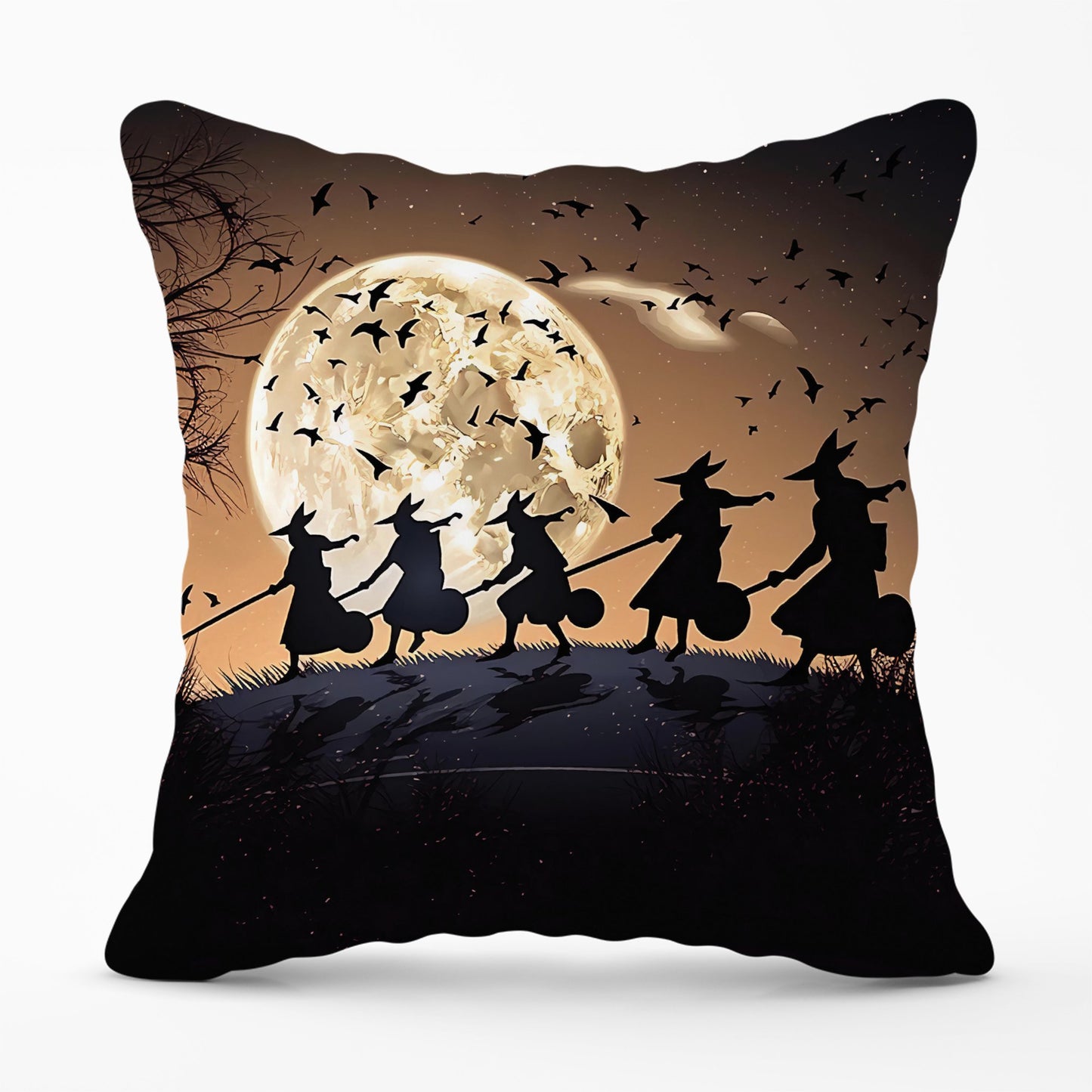 A Group Of Witches Riding Broomsticks Cushions