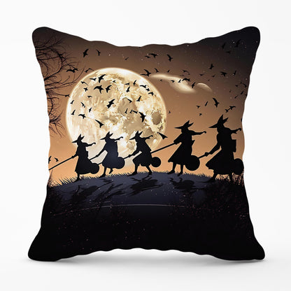 A Group Of Witches Riding Broomsticks Cushions