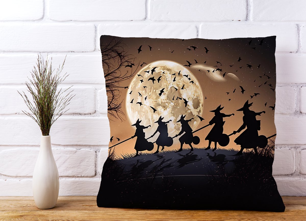 A Group Of Witches Riding Broomsticks Cushions