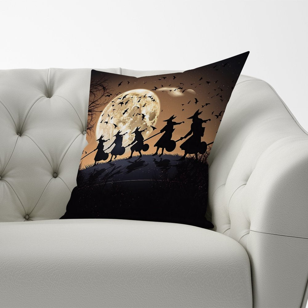 A Group Of Witches Riding Broomsticks Cushions