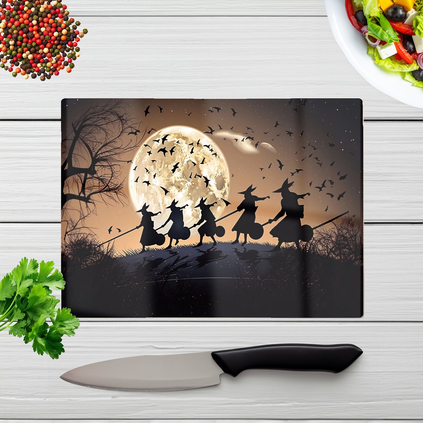 Witches Riding Broomsticks Glass Chopping Board