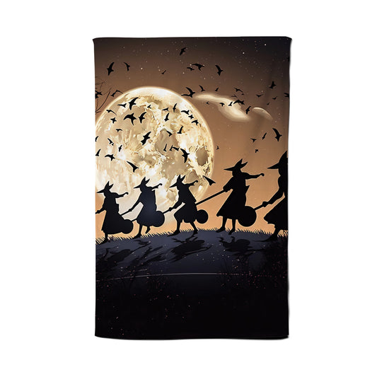 A Group Of Witches Riding Broomsticks Through The Night Tea Towel