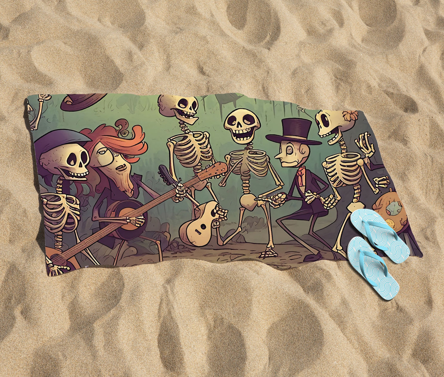 Cartoonish Skeletons Having A Party Beach Towel