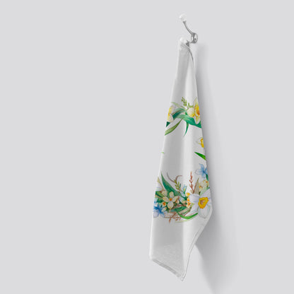 Boho Daffodil Watercolour Wreath Tea Towel
