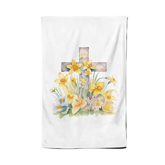 Boho Watercolour, Easter Cross with Daffodils Tea Towel