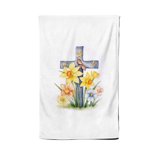Watercolour Easter Cross with Daffodils Tea Towel