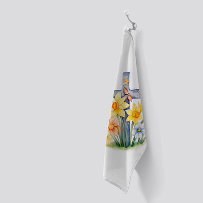 Watercolour Easter Cross with Daffodils Tea Towel
