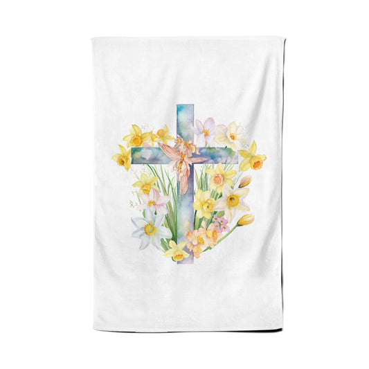 Easter Cross with Daffodils Watercolour Tea Towel