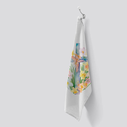 Easter Cross with Daffodils Watercolour Tea Towel