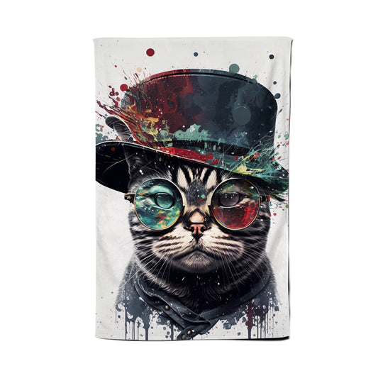 American Shorthair Cat With Glasses Splashart Tea Towel