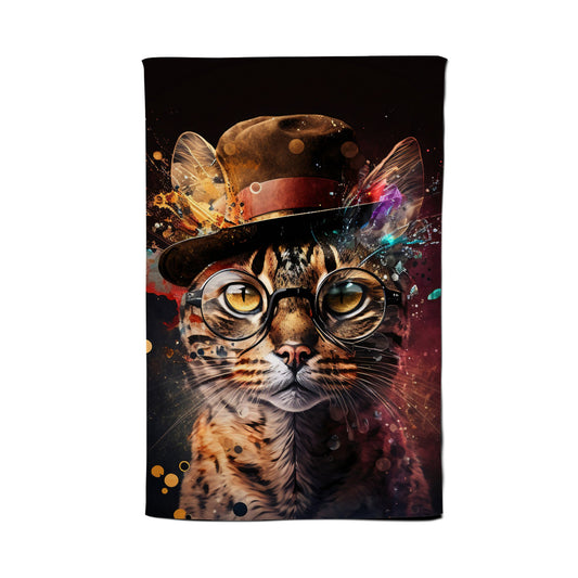 Bengal Cat With Glasses And Hat Splashart Tea Towel
