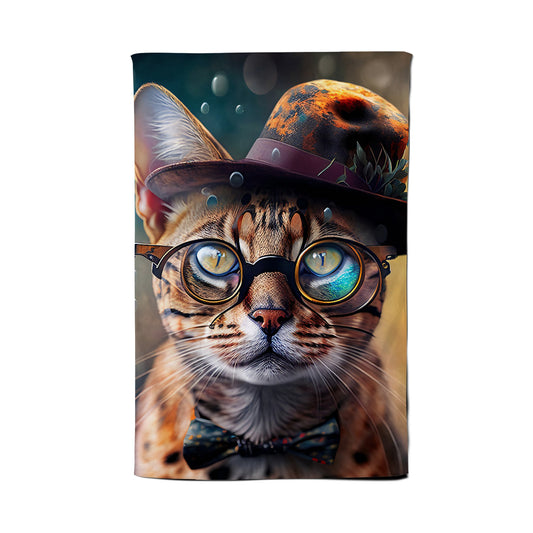Bengal Cat Face With Glasses Splashart Tea Towel