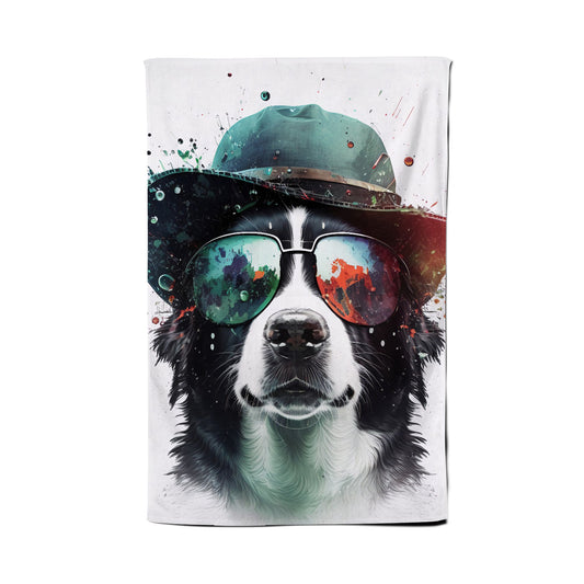 Border Collie Dog Face Glasses And Hat Splashart Tea Towel