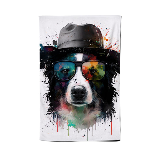 Border Collie Dog With Glasses Splashart Tea Towel